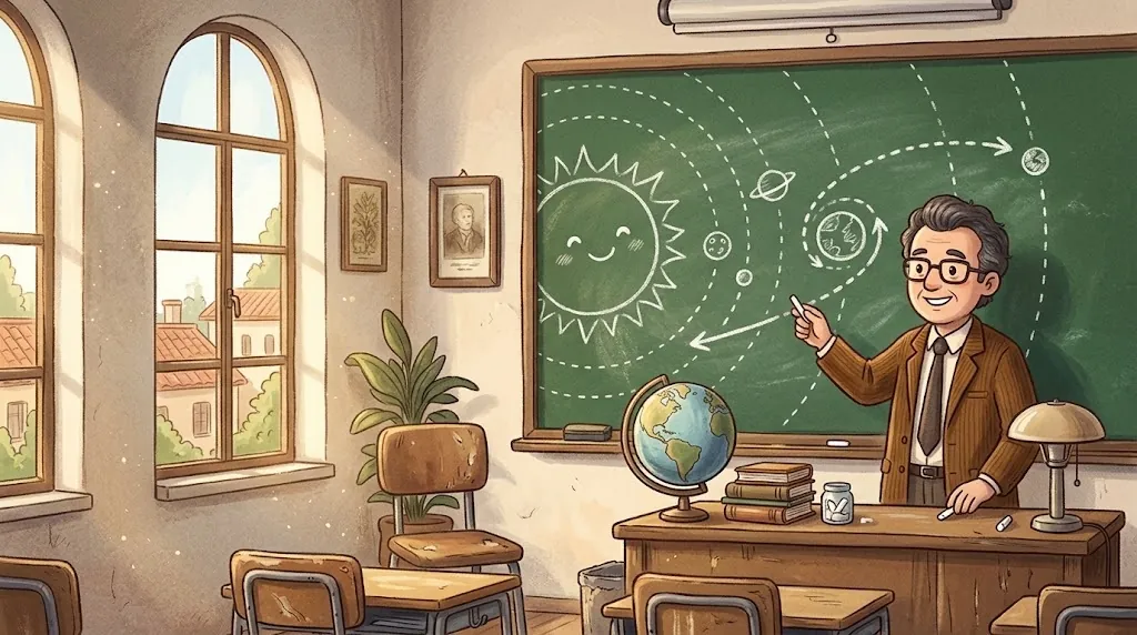 In a sunny old classroom, a smiling professor points at chalk drawings of the Sun, planets and a curving path that swings around one planet toward another.