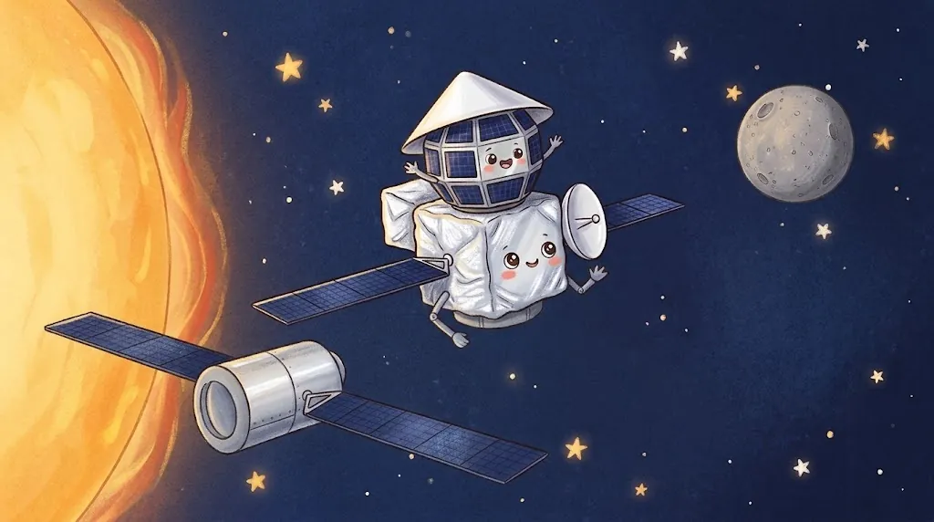 The engine module with its long solar wings drifts away, and Bepi, with Mio in the cone hat, waves goodbye. Mercury waits ahead.