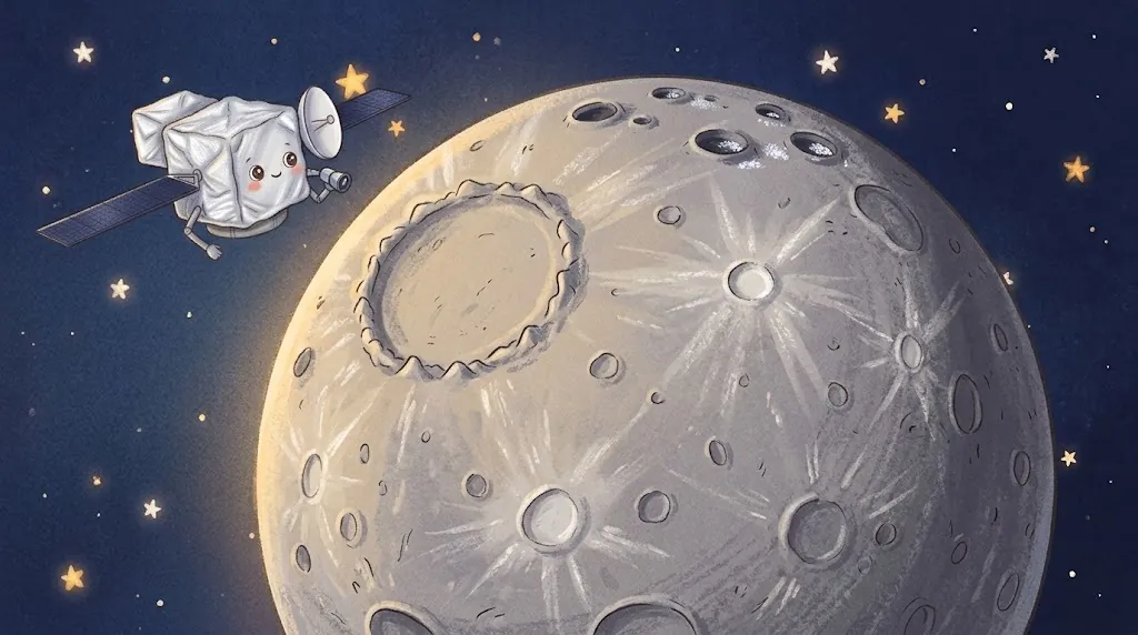 Bepi looks through a camera at Mercury: a gray world of craters with one huge round basin and small dark craters near the north pole holding patches of ice.