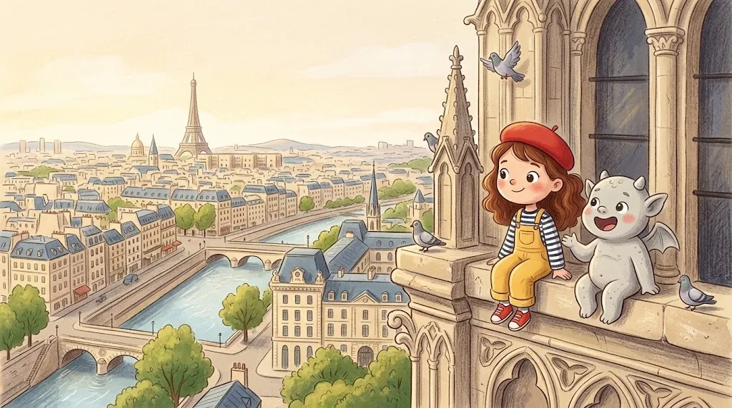 Lea, a girl in a red beret, sits on a high stone ledge of Notre-Dame next to Gus, a chubby smiling stone gargoyle. Below them, Paris, the river Seine and the Eiffel Tower far away.