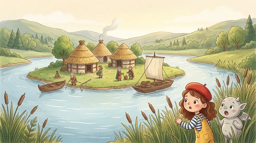 Long ago: a small green island in a wide river, with round thatched huts, fishing boats and a river boat with a square sail. Lea and Gus peek out from the reeds.