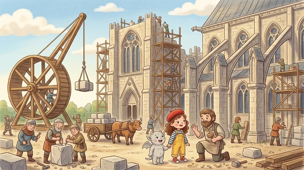 Medieval builders put up Notre-Dame. Wooden scaffolding, a big wooden wheel crane lifting stone blocks, stone arches on the outside of the walls, and Lea and Gus watching with a stonemason.