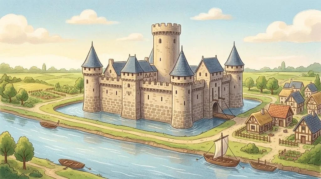 A medieval stone castle with round towers and a moat beside the river.