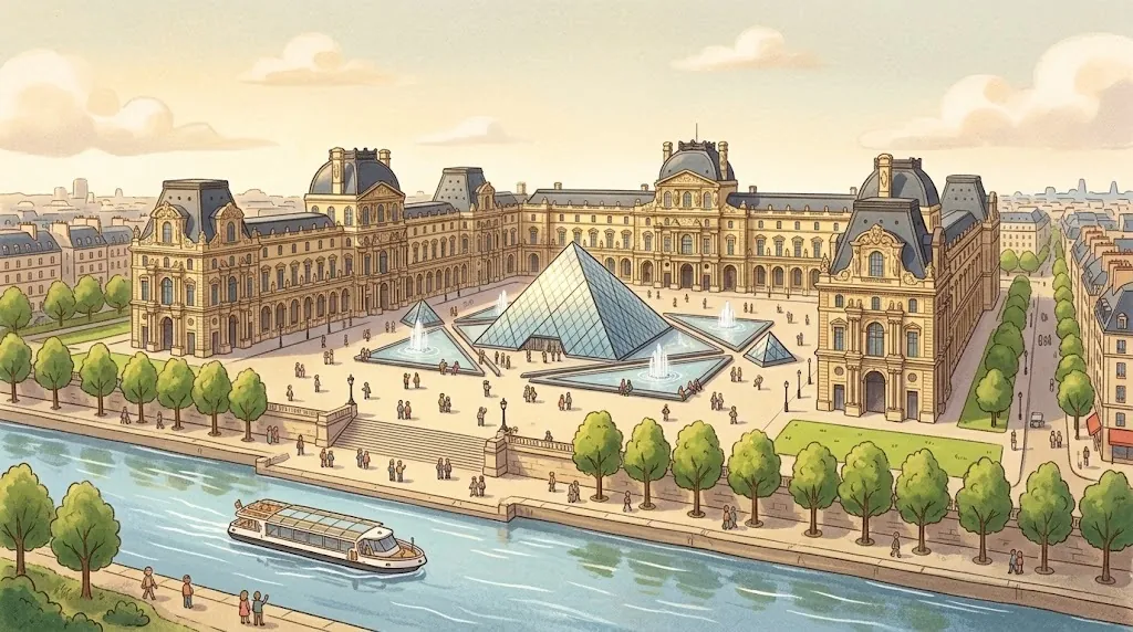 The Louvre museum today: a long golden palace around a big glass pyramid, with visitors and fountains.