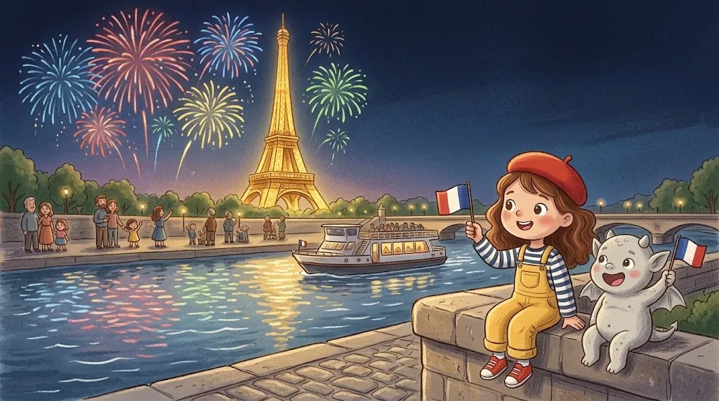 Fireworks burst over the Eiffel Tower at night. Lea and Gus wave little blue, white and red flags on a riverside wall.