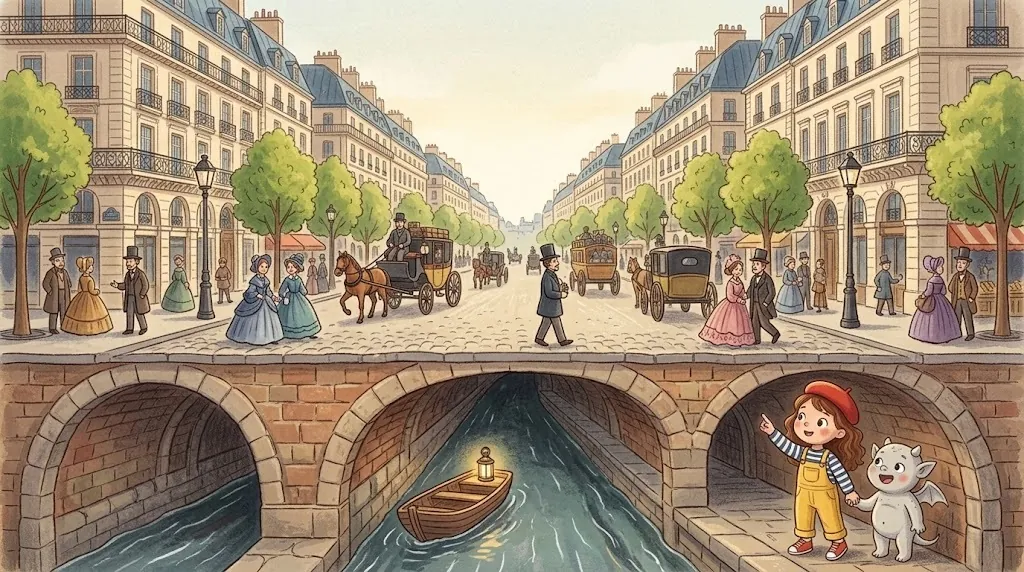 A wide tree-lined boulevard with cream stone buildings and iron balconies, horse carriages and gas lamps. Below the street, a cut-away view shows a big stone sewer tunnel with a little boat.