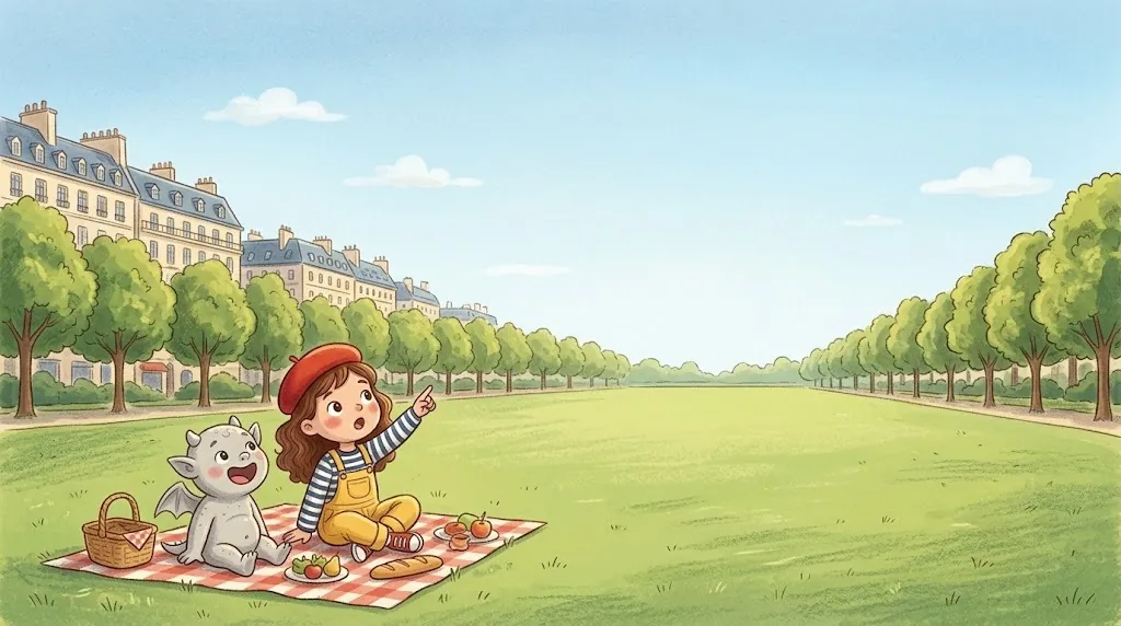 Lea and Gus look up from a sunny park with a lawn and trees.
