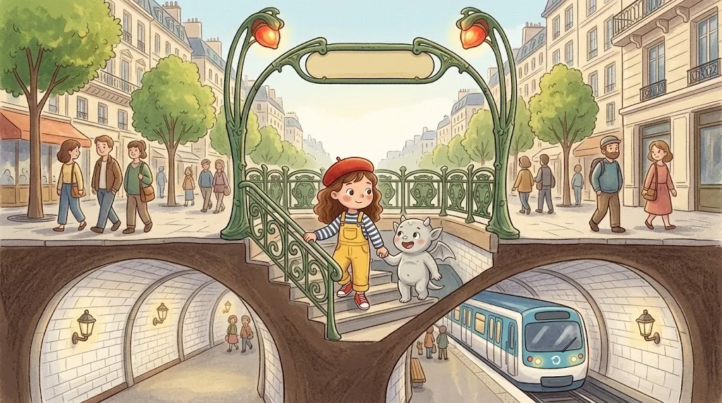 A green iron Metro entrance shaped like curly plant stems with two glowing lamps like flower buds. Stairs lead down to a tunnel where a little train waits. Lea and Gus walk down the steps.