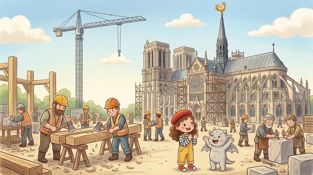 Carpenters shape big oak beams with axes in front of Notre-Dame, which is covered with scaffolding. A new pointed spire with a golden rooster on top rises above the roof.