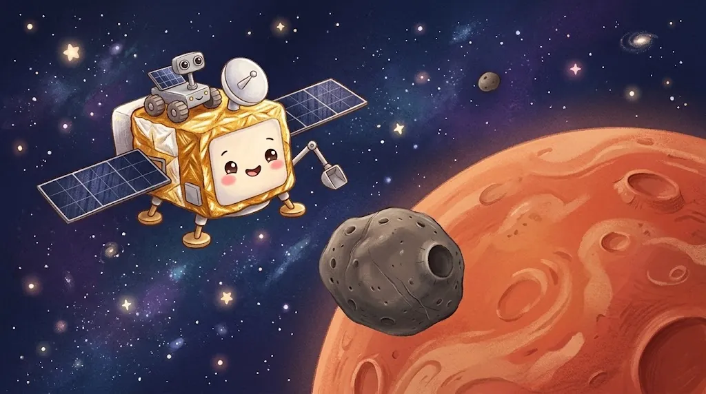 Emmy, a cute golden box-shaped spacecraft with solar panels and a little scoop arm, flies through space carrying the rover Idefix on its back, toward the gray potato-shaped moon Phobos in front of the big red planet Mars.