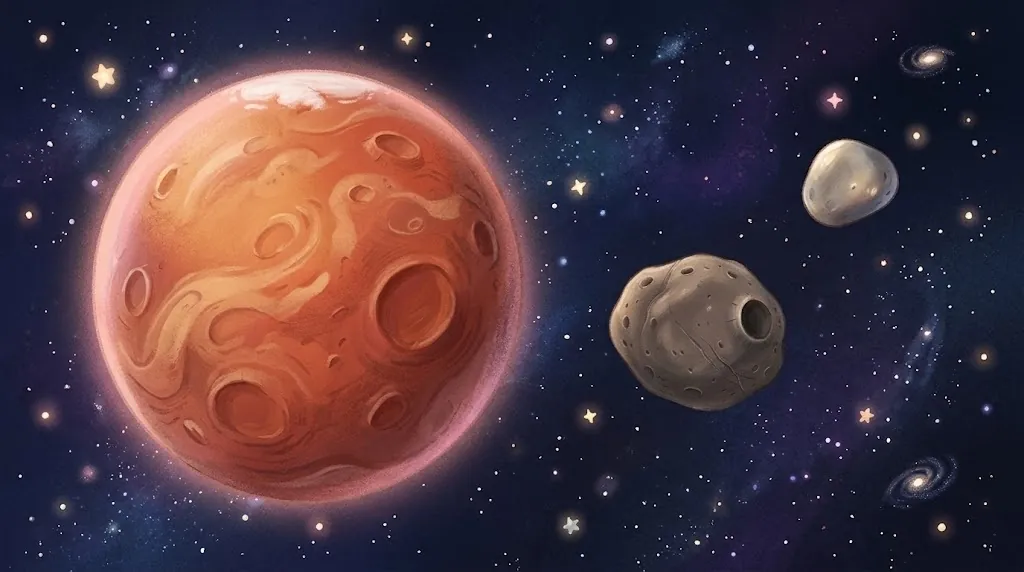 The red planet Mars with a white ice cap at the top, and its two small lumpy moons: gray Phobos with a big crater, and smaller, smoother Deimos farther away.