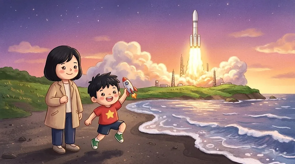 At dawn on the island of Tanegashima, a big white H3 rocket lifts off with a bright flame, while a boy named Riku holding a toy rocket jumps for joy on the black sand beach next to his mom.