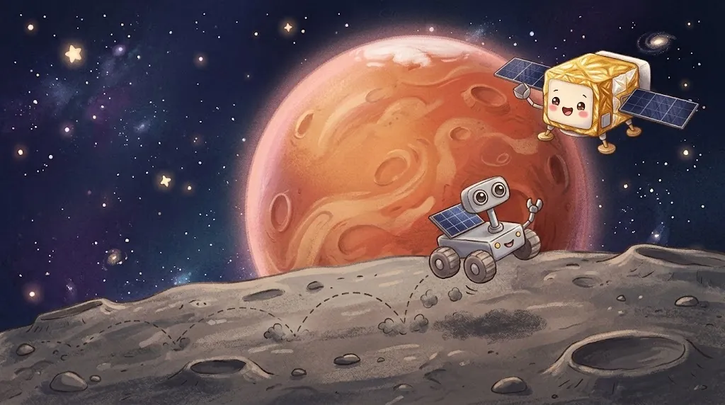 The little rover Idefix bounces across the gray dusty ground of Phobos, leaving a dotted path of hops, while Emmy waves from above and big red Mars fills the sky.