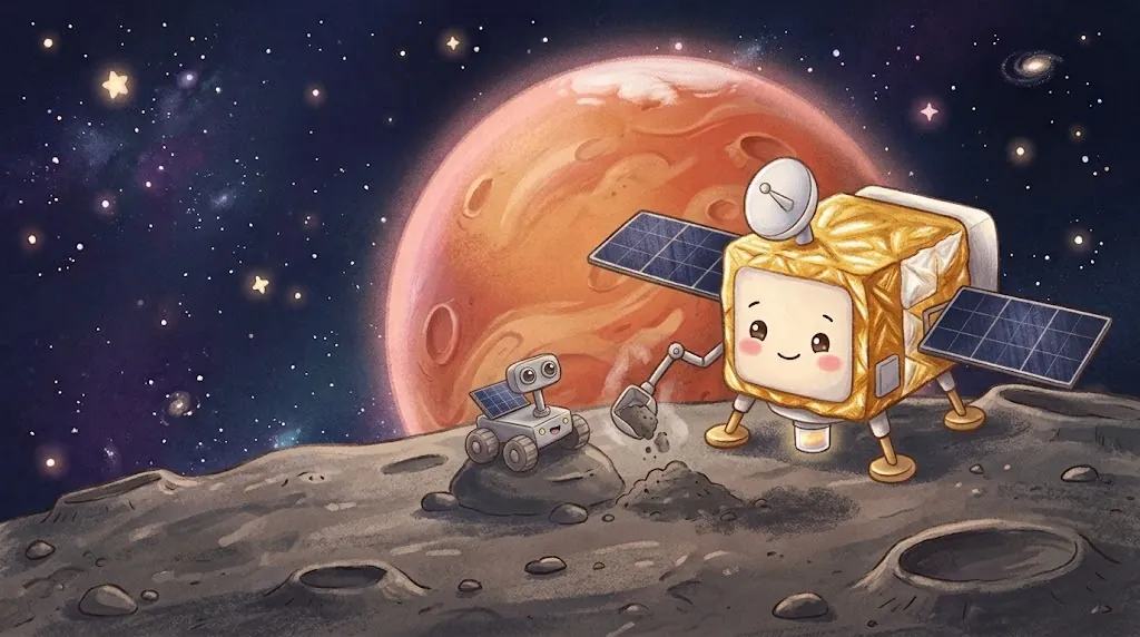 Emmy has landed on Phobos with its legs on the gray ground and is scooping soil with its arm, while Idefix watches from a rock nearby. Mars glows behind them.