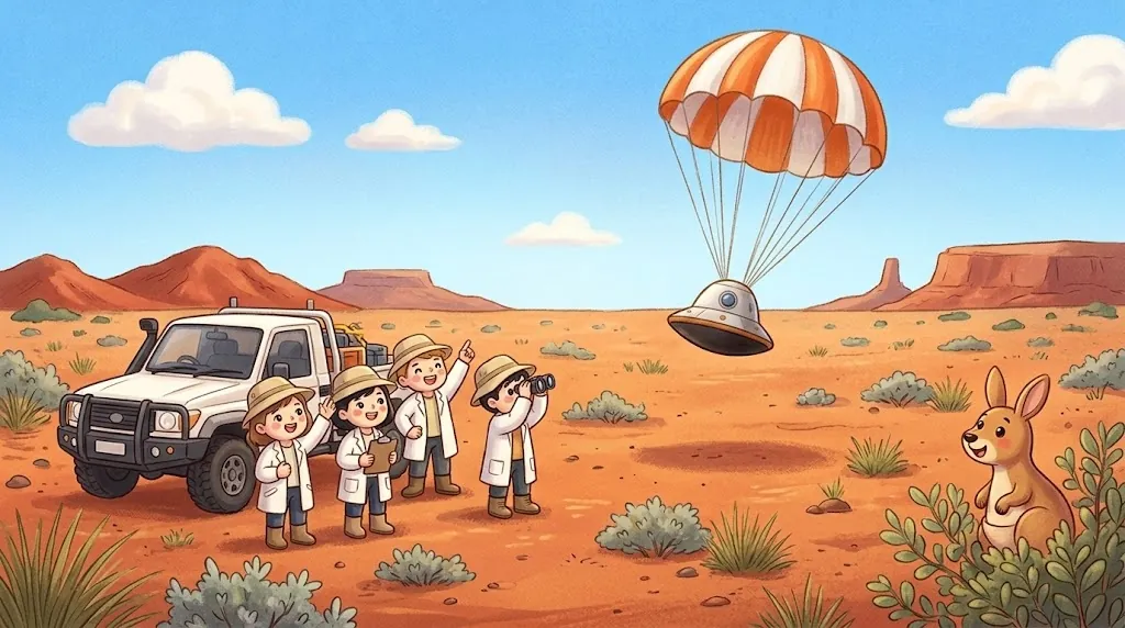 A small capsule floats down under an orange and white parachute over the red desert of Australia, while a team of scientists in white coats and hats waves and points next to their truck, and a kangaroo watches from the bushes.