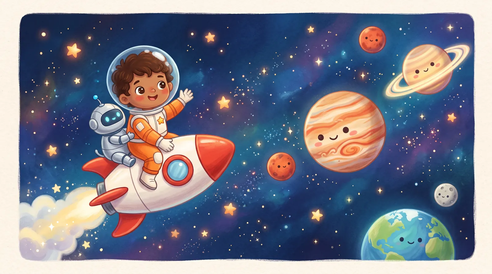 Nova the kid astronaut and Bolt the robot dog ride a rocket past cute planets.