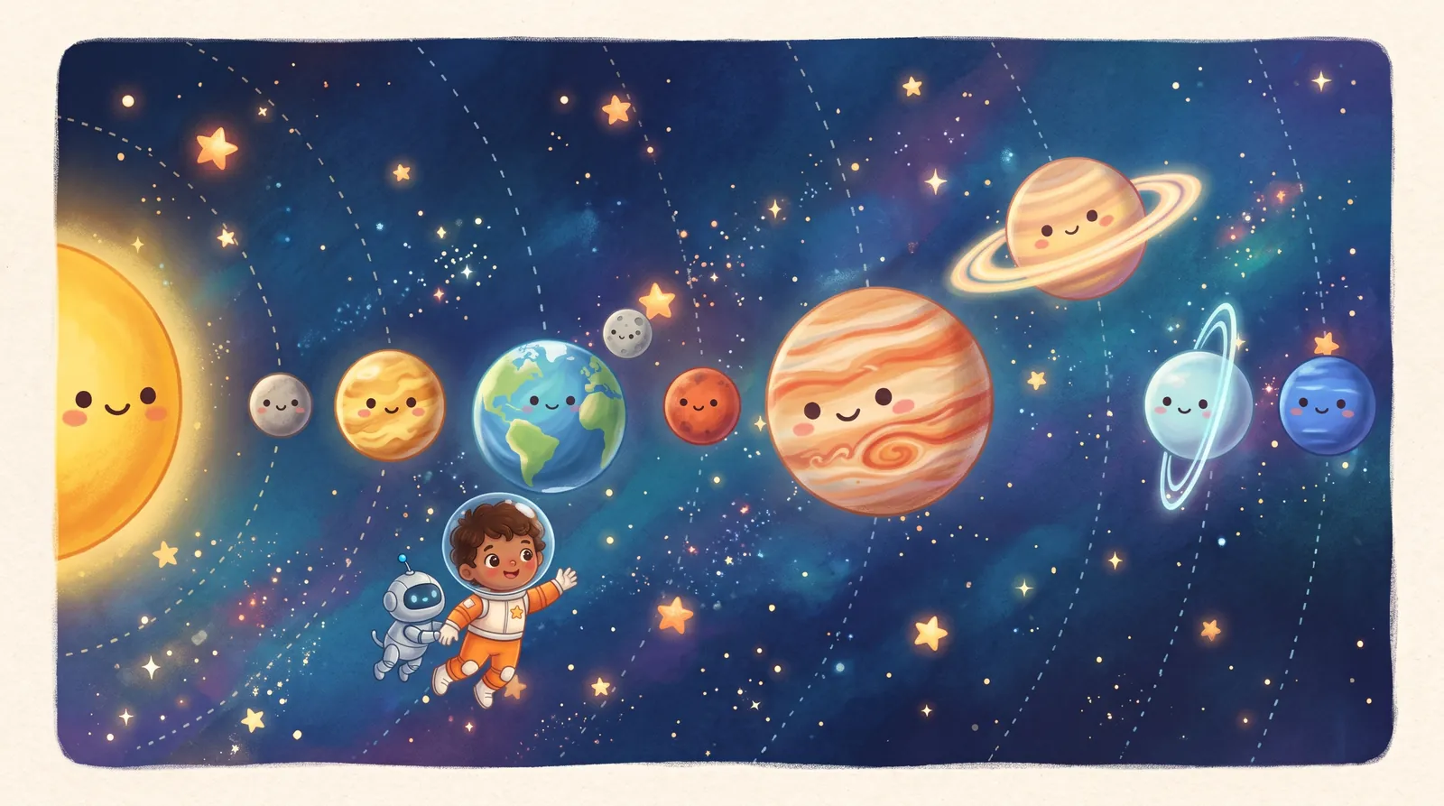The Sun and the eight planets in a row, with Nova floating near Earth.