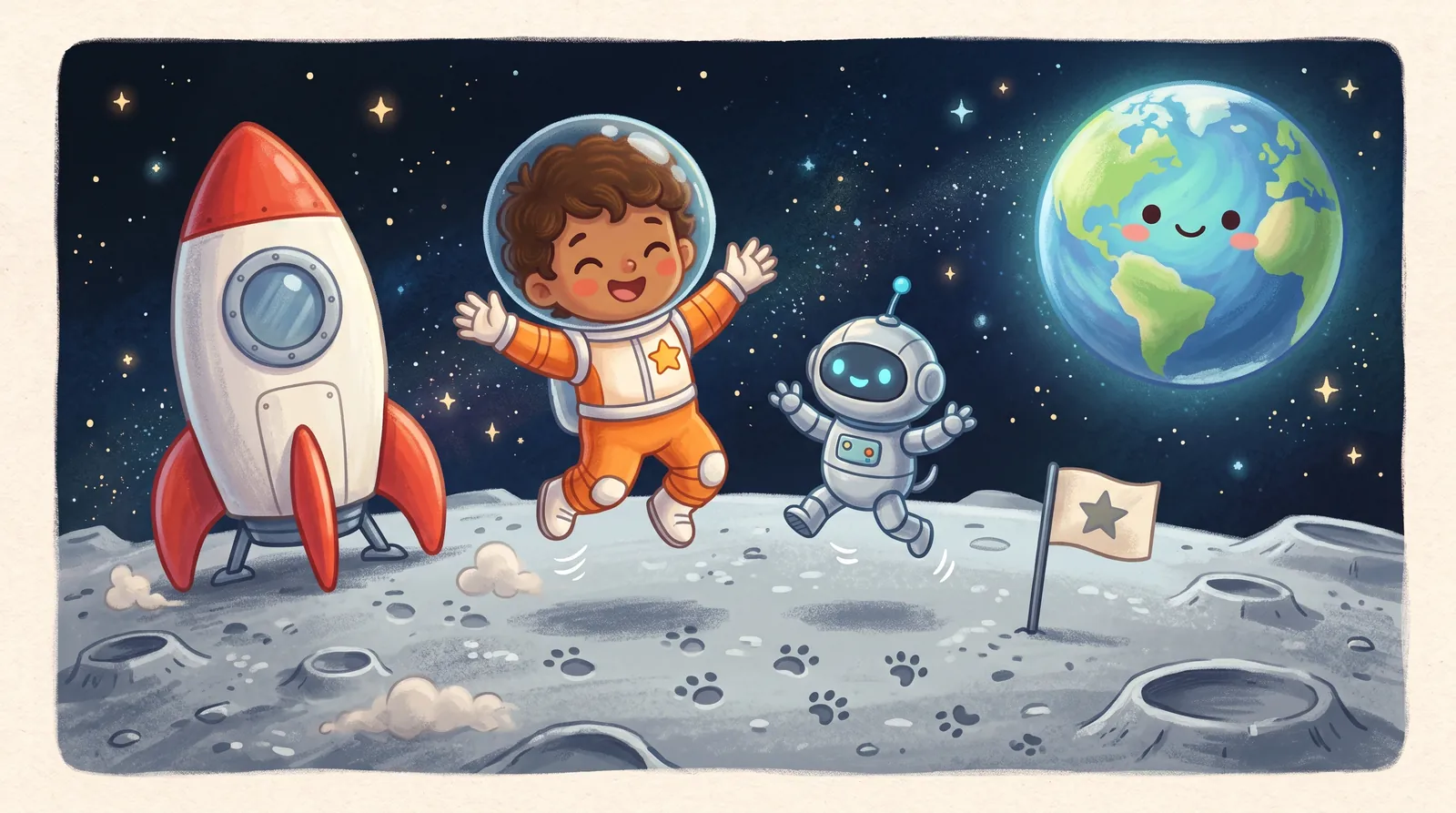 Nova and Bolt bounce on the Moon with Earth in the sky.