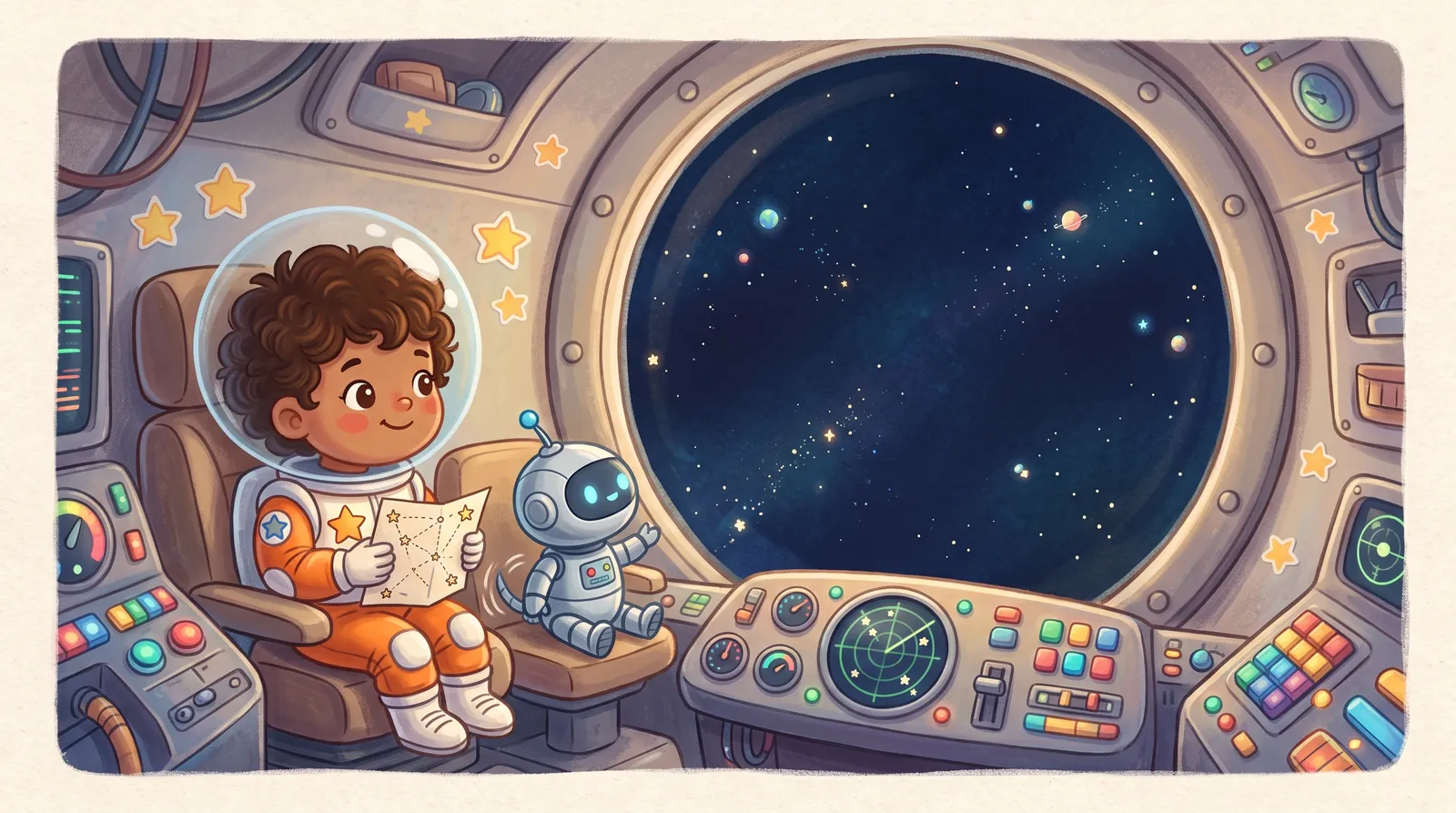 Nova and Bolt in a cozy spaceship cockpit looking out a big round window.