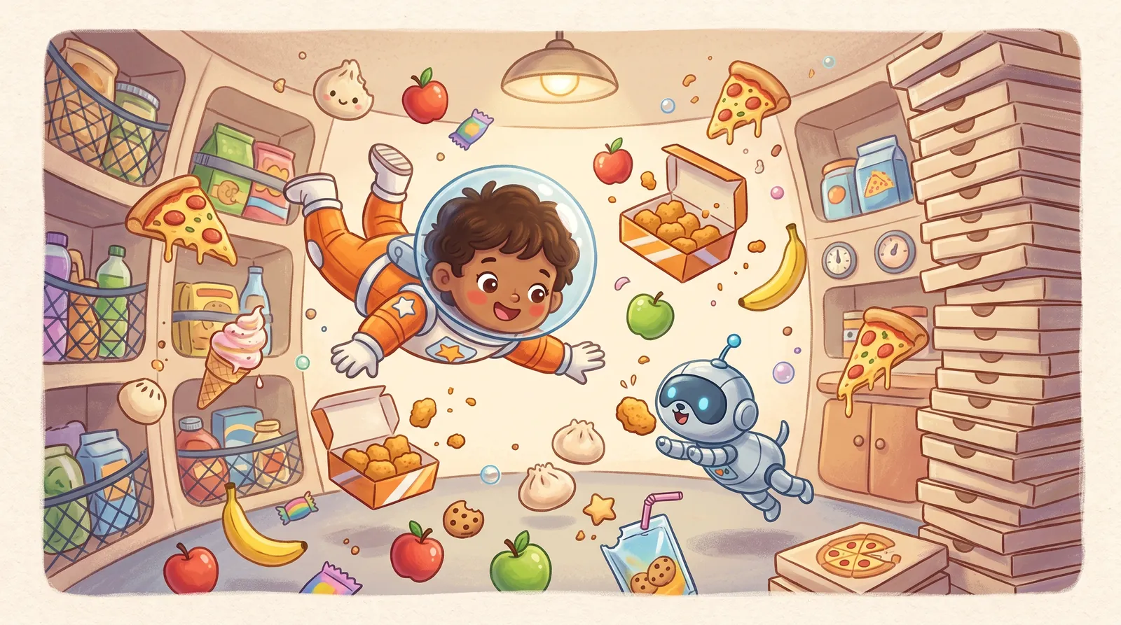 Nova and Bolt float in a spaceship pantry full of pizza, nuggets, ice cream and fruit.