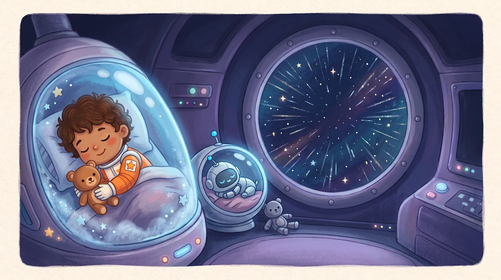 Nova sleeps in a glowing sleep pod with a teddy bear while Bolt sleeps in a tiny pod.