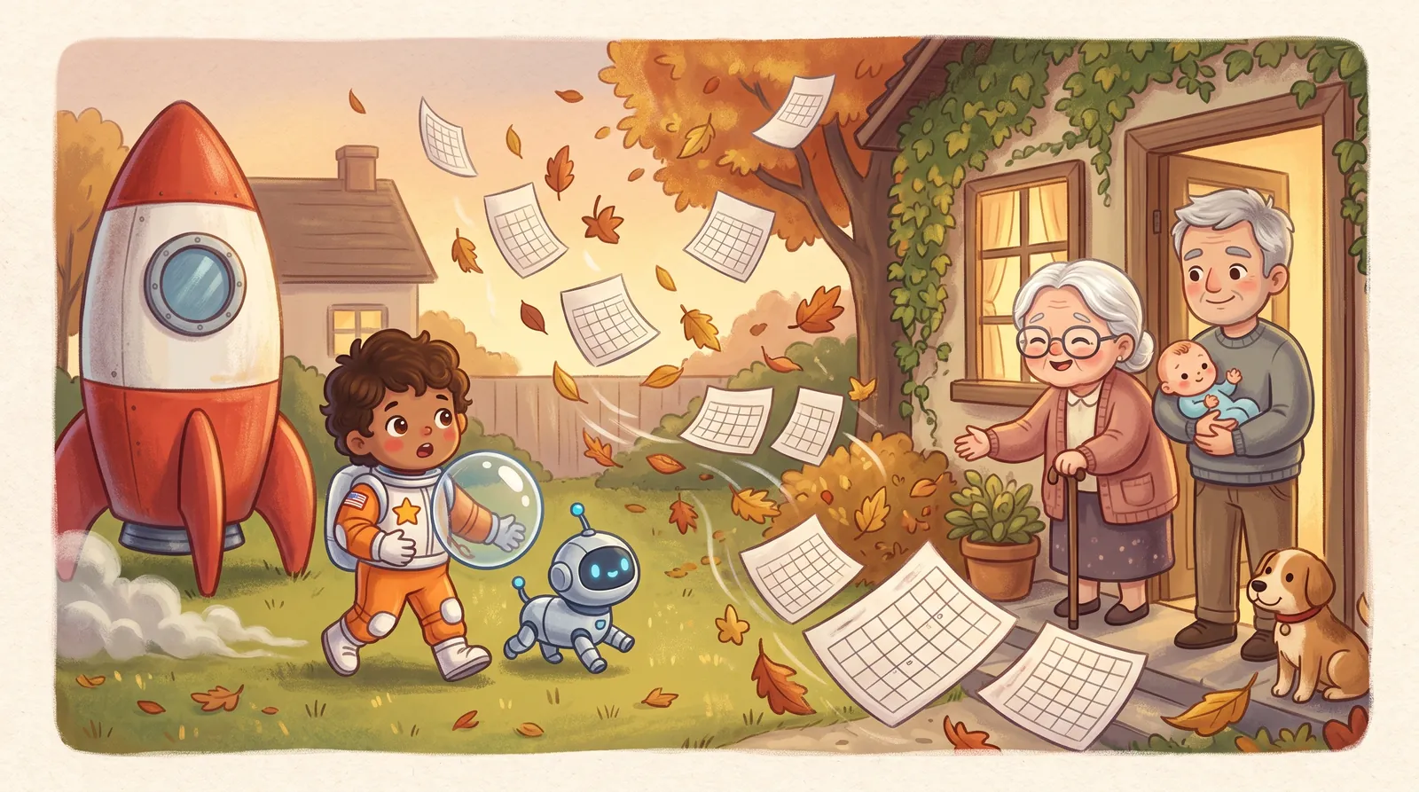 Nova returns home and finds the family much older, with calendar pages blowing in the wind.