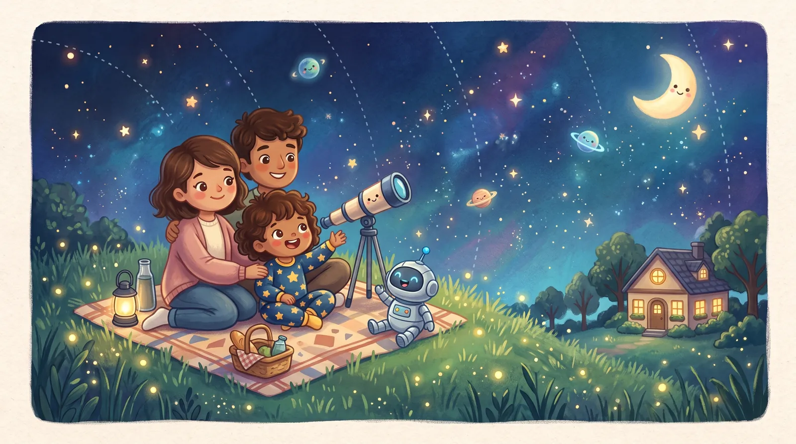 Nova, Bolt and family look at the stars through a telescope on a summer night.