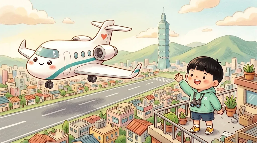 Jetty, a chubby little white jet with a friendly face, flies low over Taipei's rooftops toward a runway in the middle of the city. Taipei 101 stands behind. An-An waves from a rooftop.