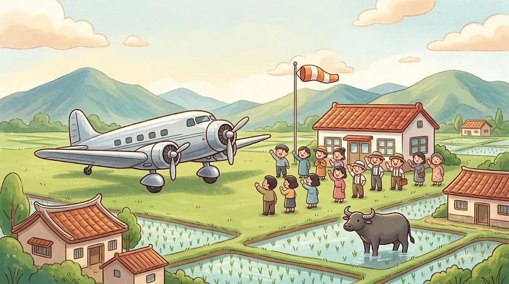 A small grassy airfield in 1936 surrounded by rice paddies. A shiny old silver propeller airliner is parked by a little white building with a red tile roof. People in 1930s clothes wave, and a water buffalo watches.