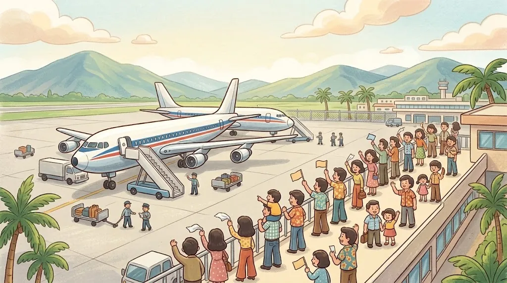 A busy airport in the 1970s. A big jet airliner is parked with boarding stairs while families on a rooftop terrace wave goodbye.