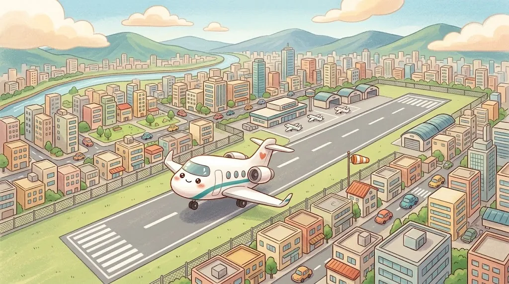 A bird's-eye view of one long runway in the middle of a busy city, with short buildings close by and taller ones farther away. Jetty is taking off.