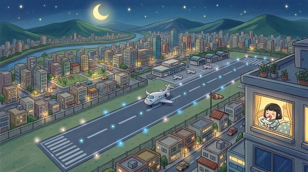 The city airport at night. Soft runway lights glow, planes sleep by the terminal, and An-An yawns in pajamas at an apartment window under a crescent moon.