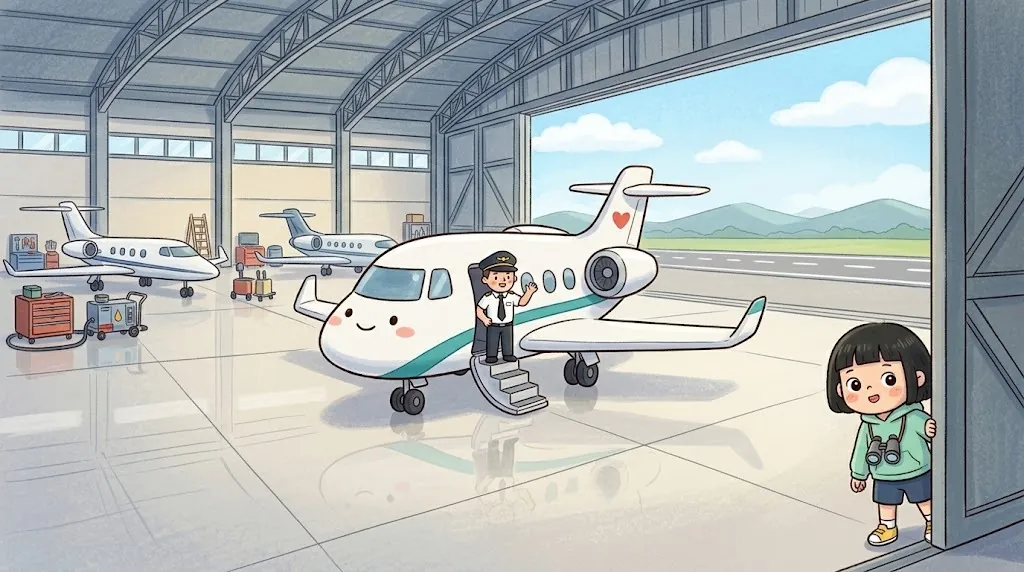 Inside a bright hangar, Jetty is parked with its little stairs open while a pilot waves. An-An peeks in, amazed. Other small private jets are parked behind.