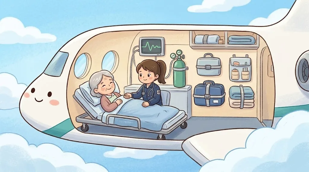 A peek inside Jetty, now a flying ambulance above the clouds: a smiling grandma rests on a stretcher bed while a kind flight nurse holds her hand, with a heart monitor and an oxygen bottle nearby.