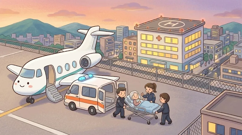 At the city airport in the evening, medics and the flight nurse roll a smiling grandpa on a stretcher from Jetty to a cute white ambulance. A big hospital with a helipad stands just past the fence.