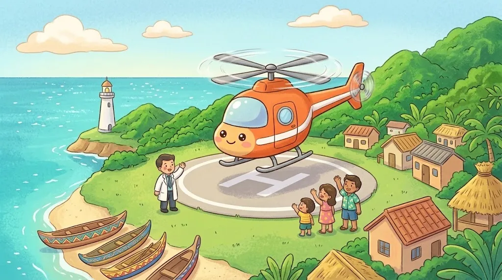 Whirly, a chubby orange rescue helicopter with a friendly face, lands on a round helipad with a big H on a small green island. A doctor and a family wave.