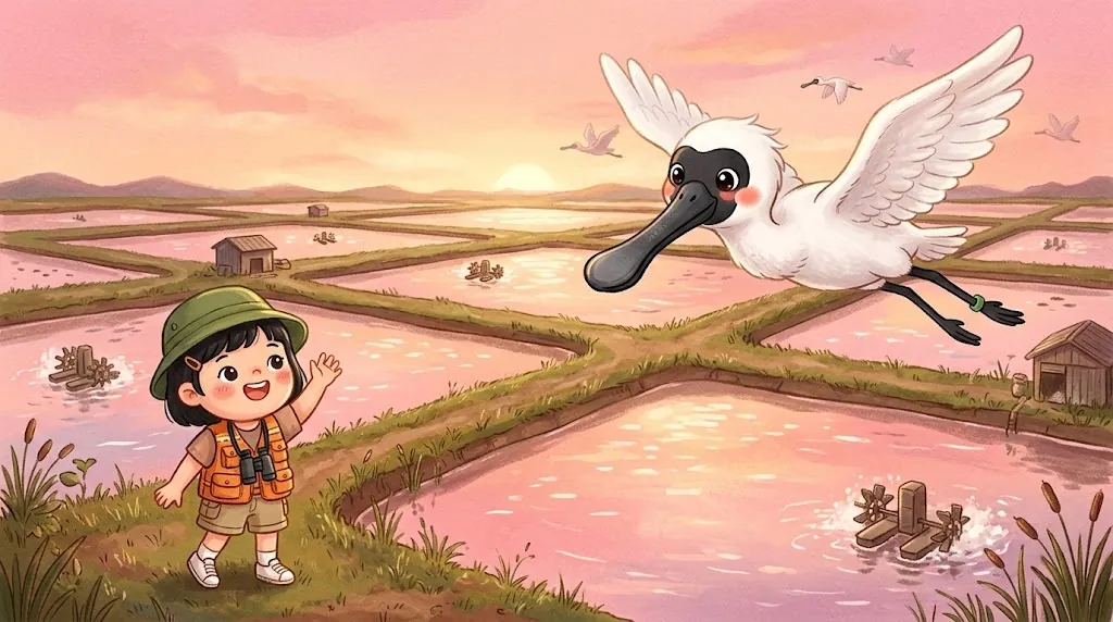 At sunset over the fish ponds of Tainan, Bomi the black-faced spoonbill flies in with spread wings, and Ting, a girl with binoculars, waves from a pond bank.