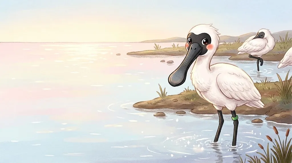 Bomi stands in shallow water showing its long black bill with a round spoon at the tip. Behind it, another spoonbill sleeps standing on one leg.