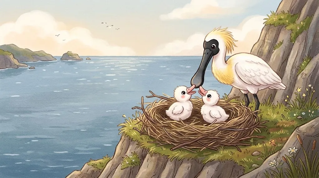 On a grassy ledge of a rocky island, two fluffy white chicks with pink bills sit in a nest while a parent with yellow chest feathers feeds them.