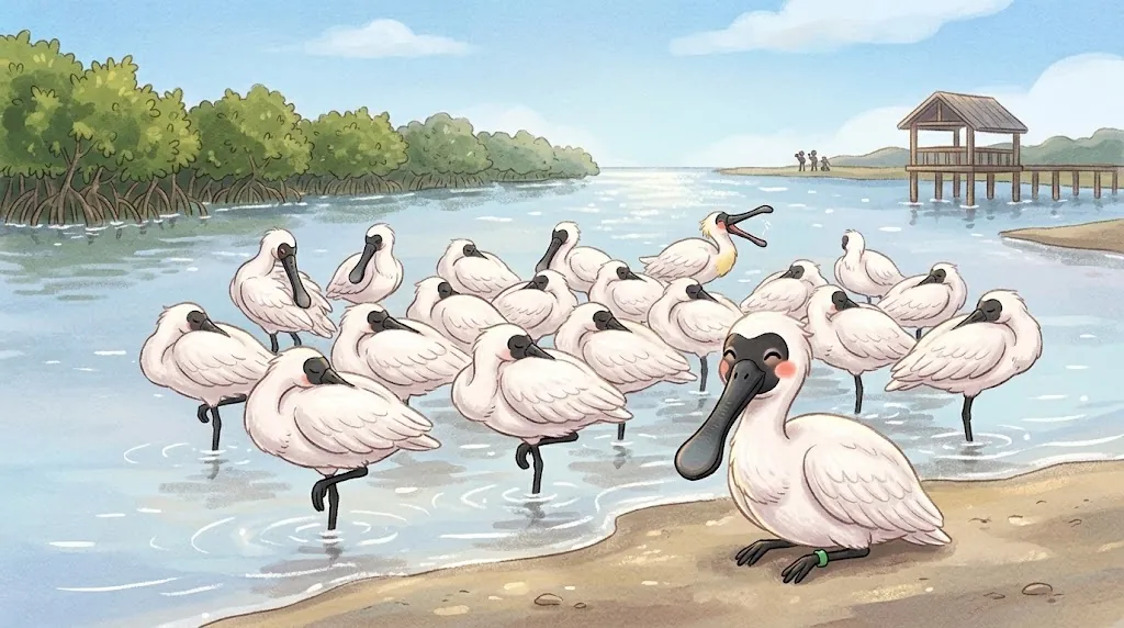A big flock of black-faced spoonbills rests on a sandbar at a river mouth. Many sleep standing on one leg with their bills tucked into their feathers.