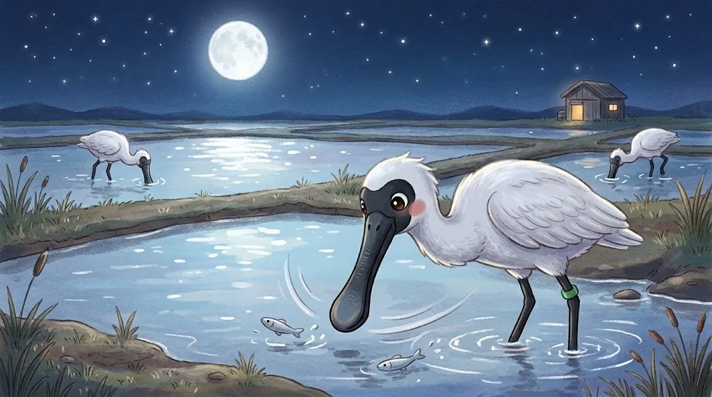 Under a full moon, Bomi wades in a shallow fish pond, sweeping its bill through the silver water, with small fish darting nearby.