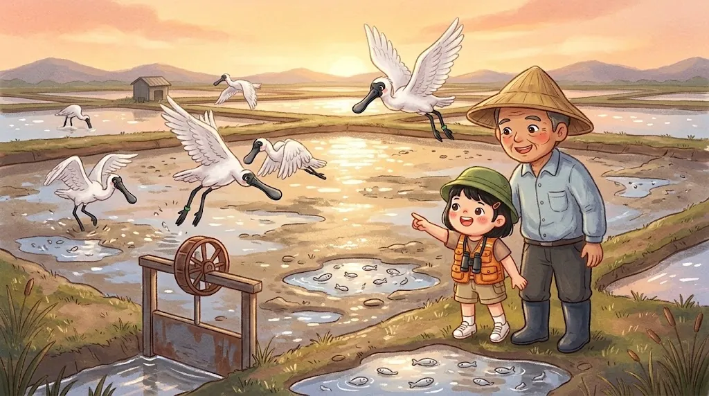 At a fish farm, A-gong in a straw hat stands by a water gate next to a drained pond full of puddles with little fish, while Ting points at spoonbills flying down to feed.