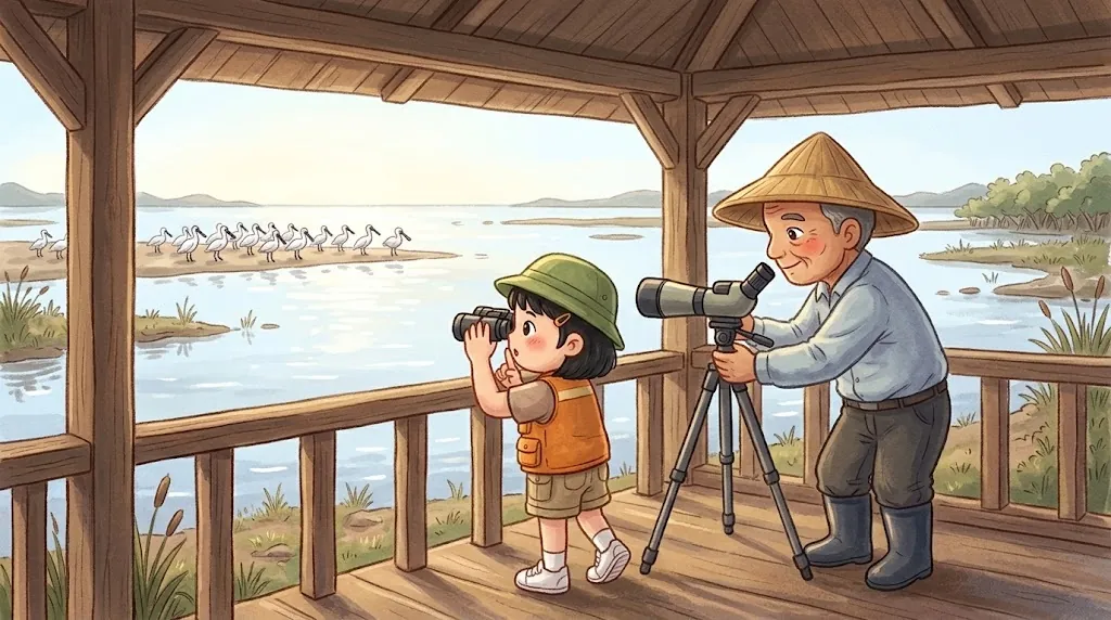 In a wooden birdwatching pavilion, Ting looks through binoculars and puts a finger to her lips while A-gong sets up a telescope. Far away, the spoonbills rest calmly.
