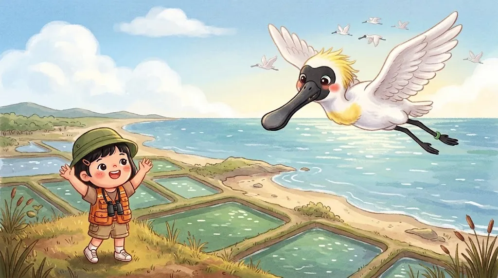 In spring, Bomi with a fluffy yellow crest and a yellow chest patch flies north over the sea, followed by other spoonbills, while Ting waves goodbye from the shore.