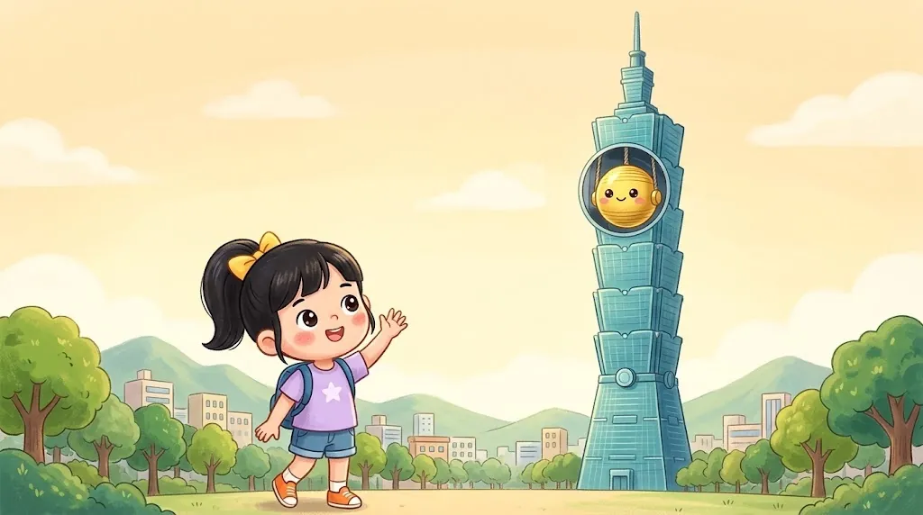 A girl named Yuyu with a yellow bow waves at the tall blue-green Taipei 101 tower. Through a round window near the top you can see a big golden ball with a friendly face.