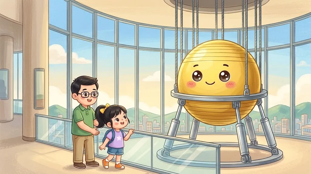 Inside the top of Taipei 101, a huge golden ball with a friendly face hangs from thick steel cables, with silver shock absorbers under it. Yuyu and her dad look at it from a balcony.