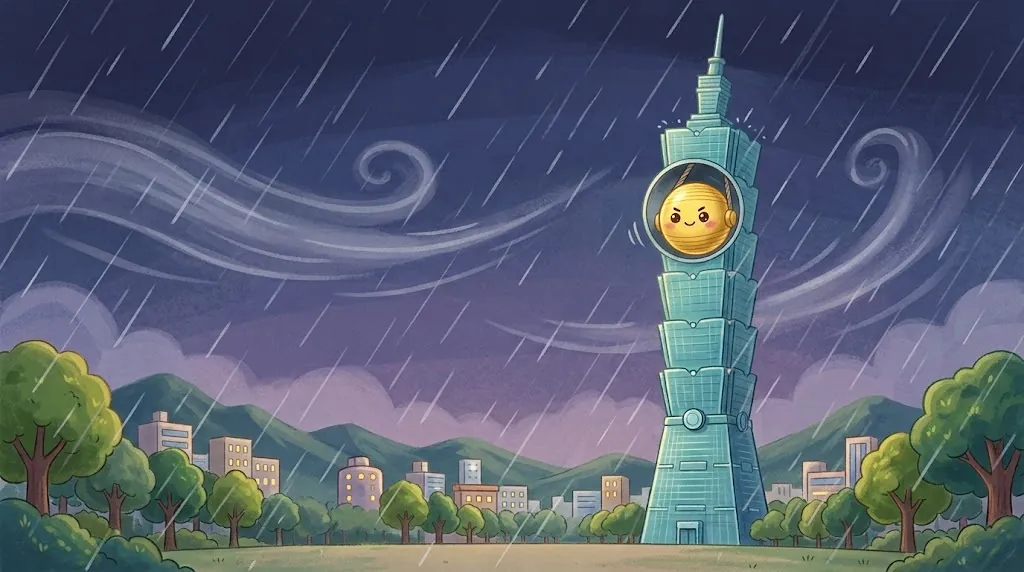 A stormy typhoon evening: wind and rain blow from the left past Taipei 101, and inside the round window Bao swings the other way, looking brave.