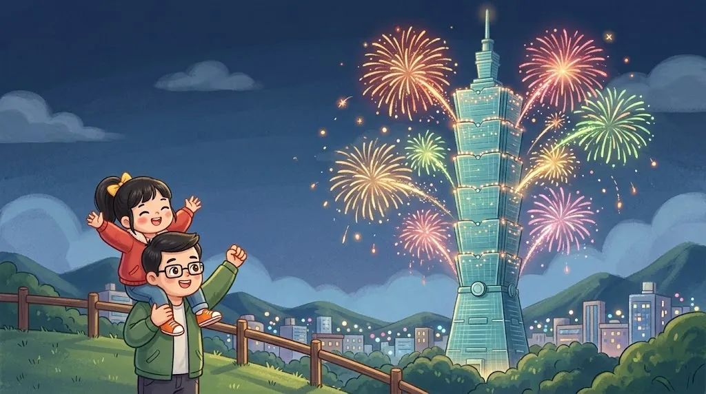 New Year's Eve: colorful fireworks burst from the sides of Taipei 101 while Yuyu cheers on her dad's shoulders on a hillside.