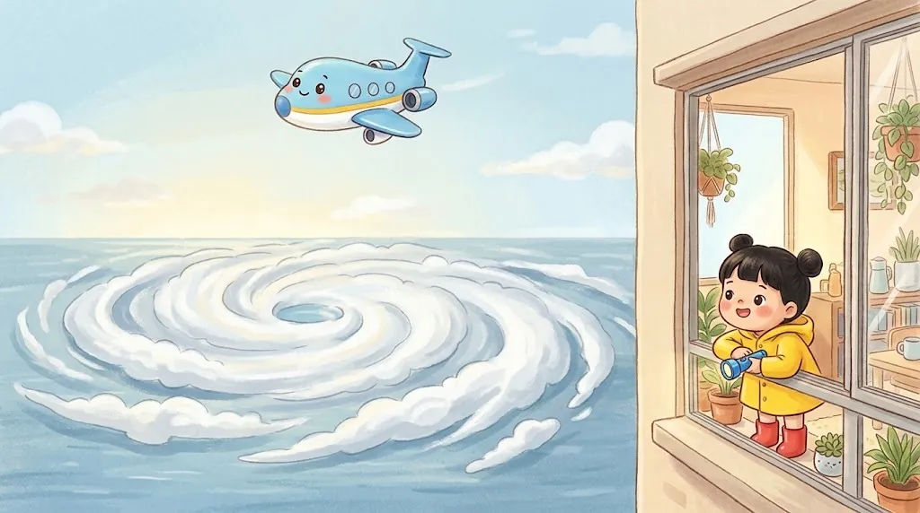 Mei, a girl in a yellow raincoat, looks out of her window. Far away over the sea, a giant flat spiral of clouds spins, and Swoop, a little sky-blue jet with a friendly face, flies above it.