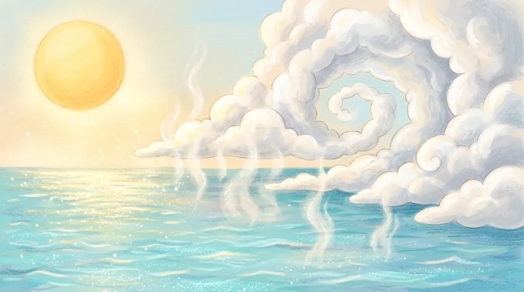 A warm sunny ocean. Wisps of warm water vapor rise from the sea, and tall puffy clouds begin to curl into a spiral.